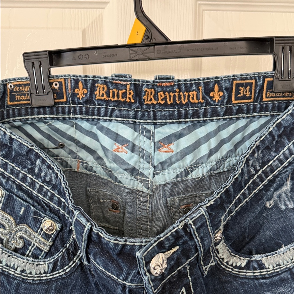 Rock Revival Dark Blue Denim Jeans with Gold Embroidery